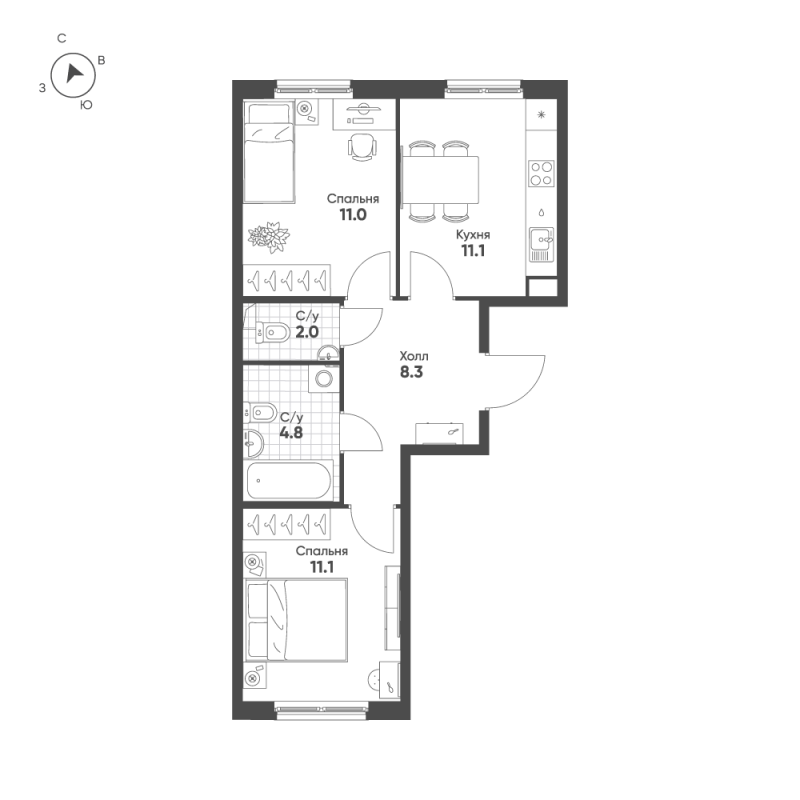 2-комнатная квартира, 48.3 м² в ЖК "Клюква.Парк" - планировка, фото №1