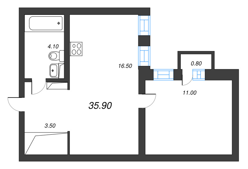 2-комнатная (Евро) квартира, 35.3 м² в ЖК "Эко Квартал Нега" - планировка, фото №1