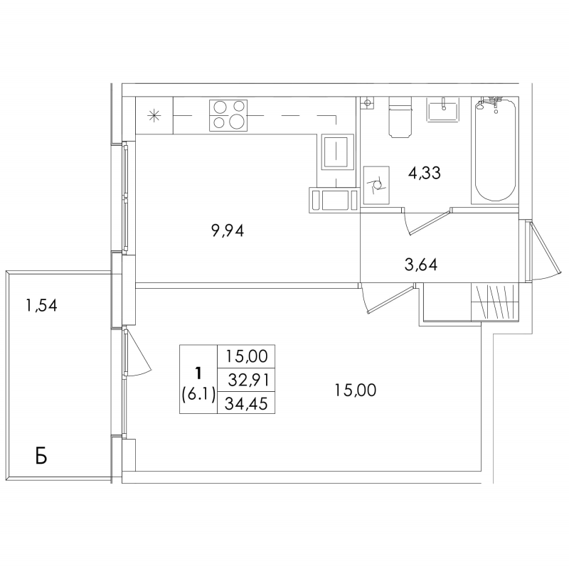 1-комнатная квартира, 34.45 м² - планировка, фото №1