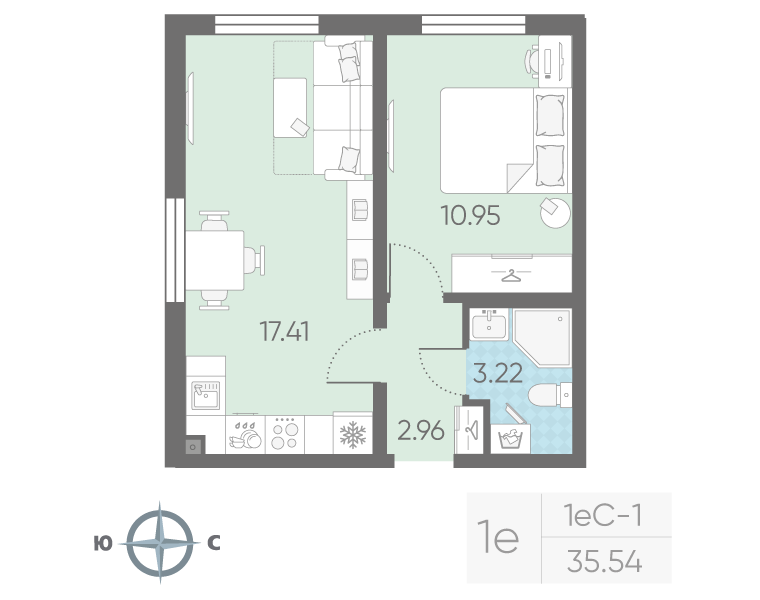 2-комнатная (Евро) квартира, 34.54 м² в ЖК "Морская миля" - планировка, фото №1