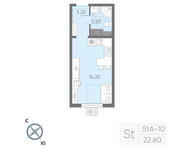 Квартира-студия, 22.6 м² в ЖК "Ручьи" - планировка, фото №1