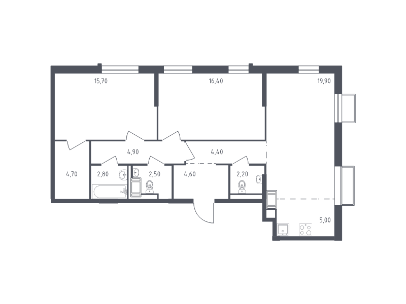 3-комнатная (Евро) квартира, 83.1 м² - планировка, фото №1