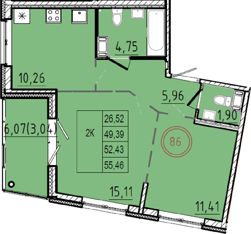 2-комнатная квартира, 49.39 м² в ЖК "Образцовый квартал 9.1" - планировка, фото №1