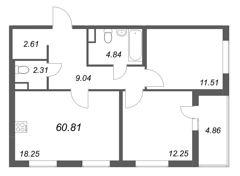 3-комнатная (Евро) квартира, 60.81 м² - планировка, фото №1