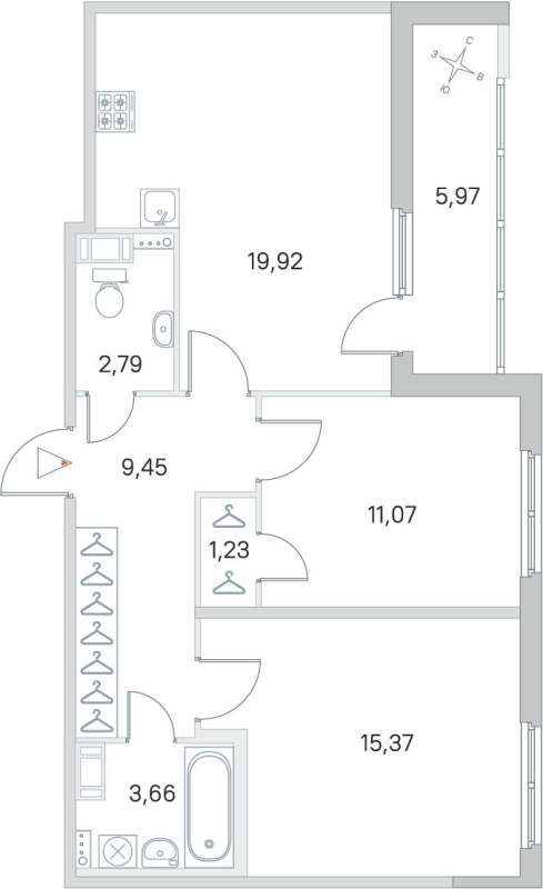 3-комнатная (Евро) квартира, 63.49 м² в ЖК "Любоград" - планировка, фото №1