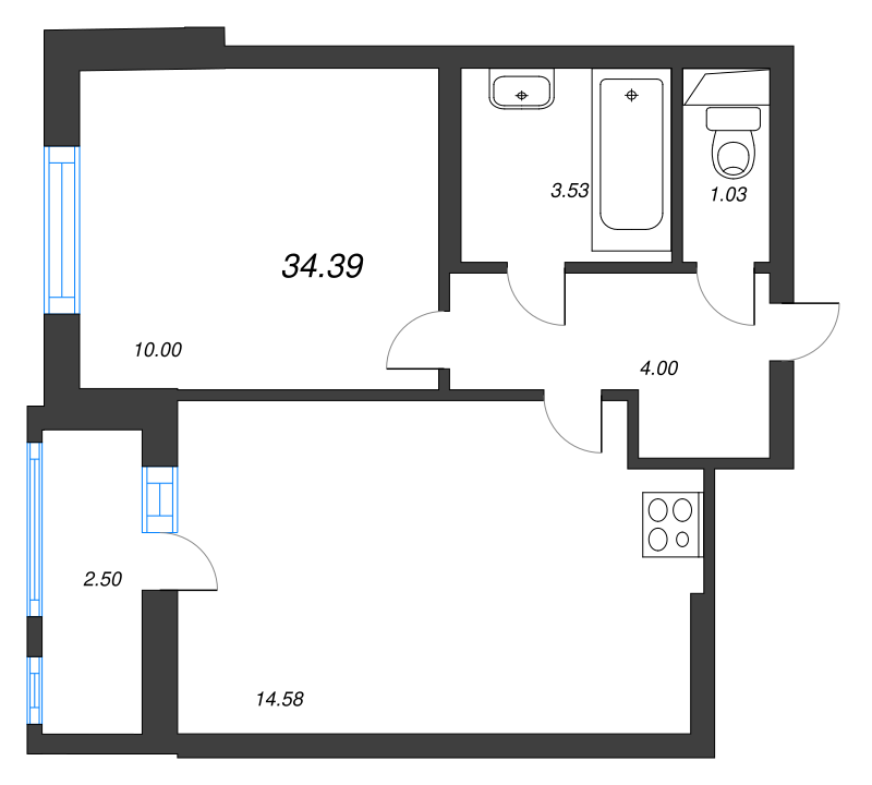 1-комнатная квартира, 34.39 м² - планировка, фото №1