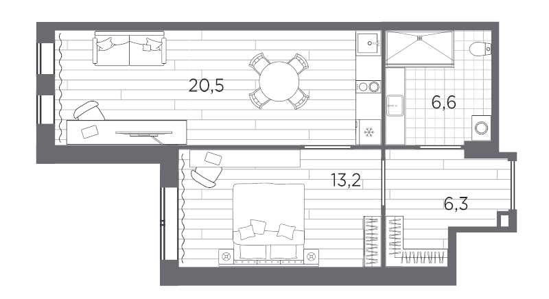 2-комнатная (Евро) квартира, 46.6 м² в ЖК "Industrial Avenir" - планировка, фото №1