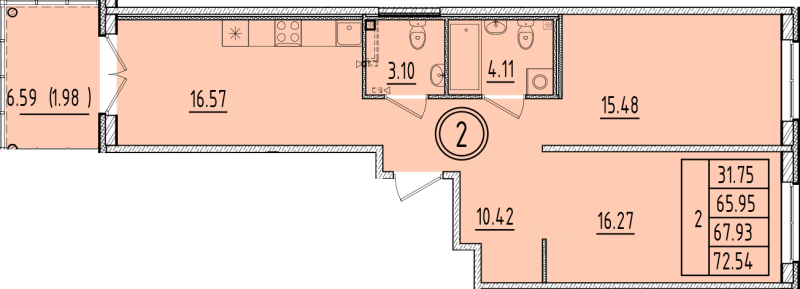 3-комнатная (Евро) квартира, 65.95 м² в ЖК "Образцовый квартал 6.4" - планировка, фото №1