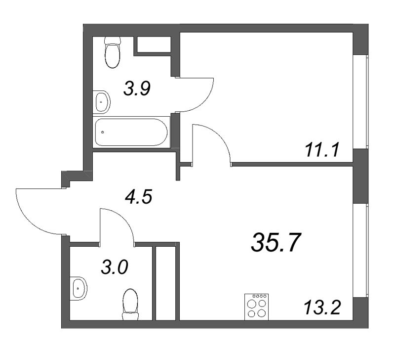 1-комнатная квартира, 35.7 м² в ЖК "Гений" - планировка, фото №1