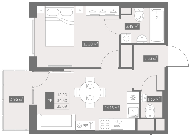 1-комнатная квартира, 35.69 м² - планировка, фото №1