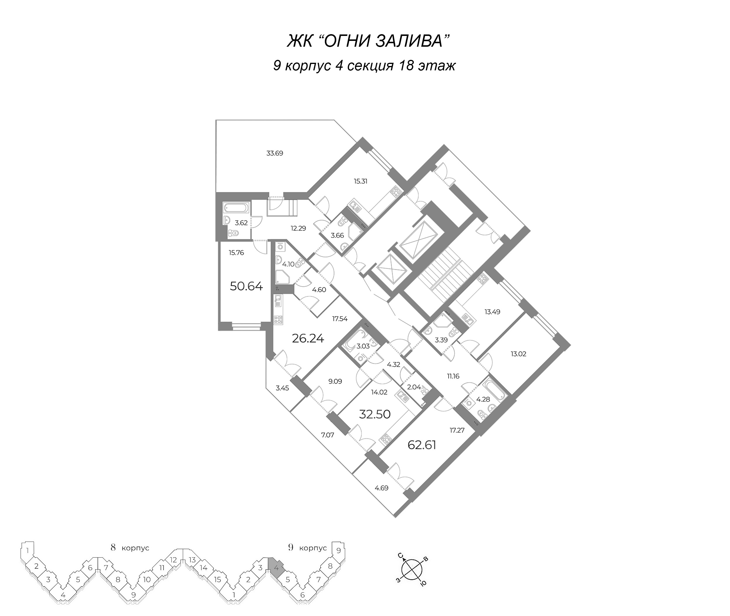 2-комнатная (Евро) квартира, 60.75 м² - планировка этажа