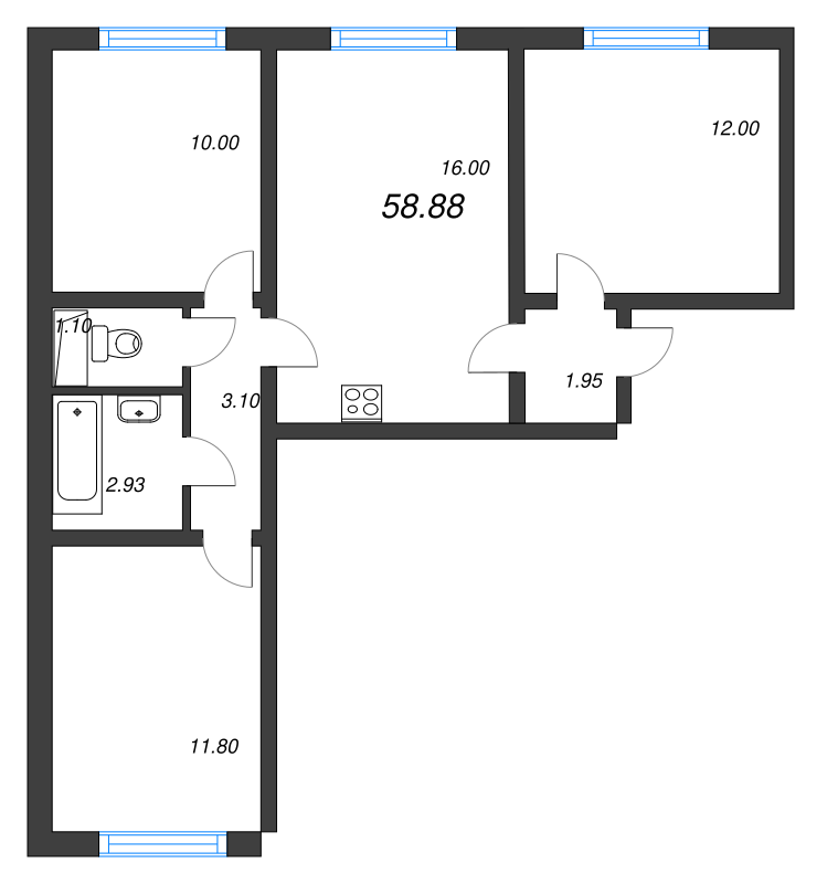 4-комнатная (Евро) квартира, 58.88 м² в ЖК "Ручьи" - планировка, фото №1