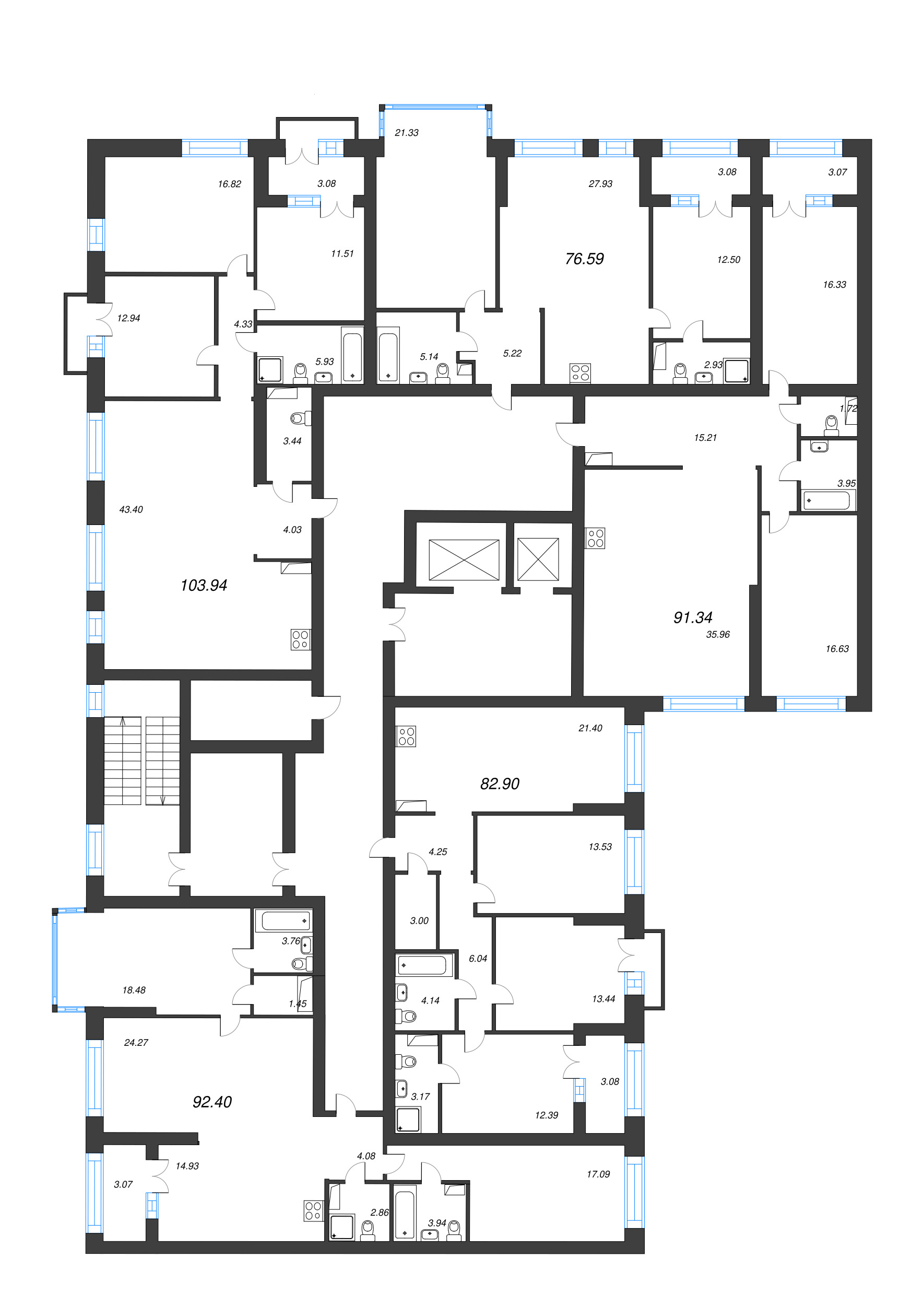 3-комнатная квартира, 92.4 м² - планировка этажа