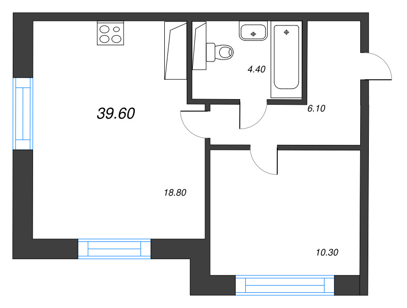 2-комнатная (Евро) квартира, 39.6 м² в ЖК "Большая Охта" - планировка, фото №1