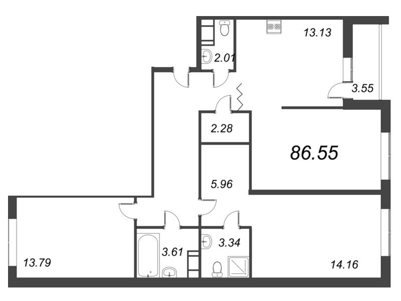 3-комнатная квартира, 87.3 м² - планировка, фото №1