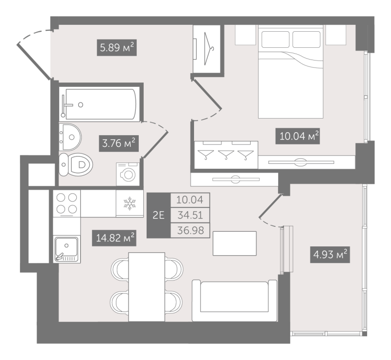 1-комнатная квартира, 36.98 м² - планировка, фото №1