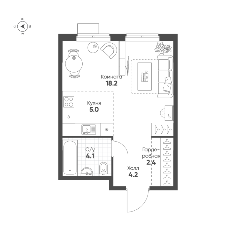 Квартира-студия, 33.9 м² в ЖК "Ягодное Река Парк" - планировка, фото №1