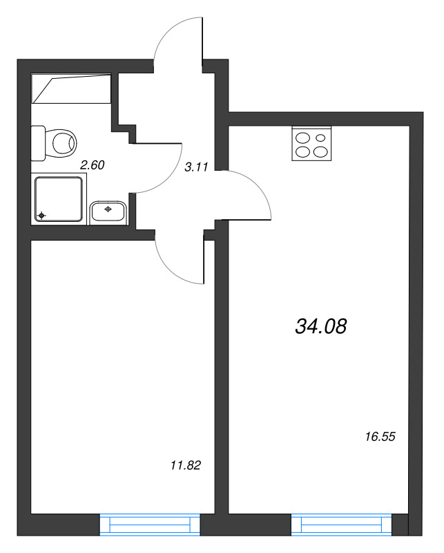 2-комнатная (Евро) квартира, 34.08 м² в ЖК "Морская миля" - планировка, фото №1