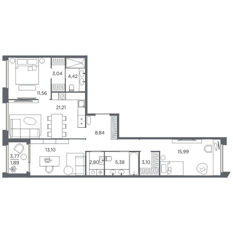 4-комнатная (Евро) квартира, 91.33 м² в ЖК "Акватория" - планировка, фото №1
