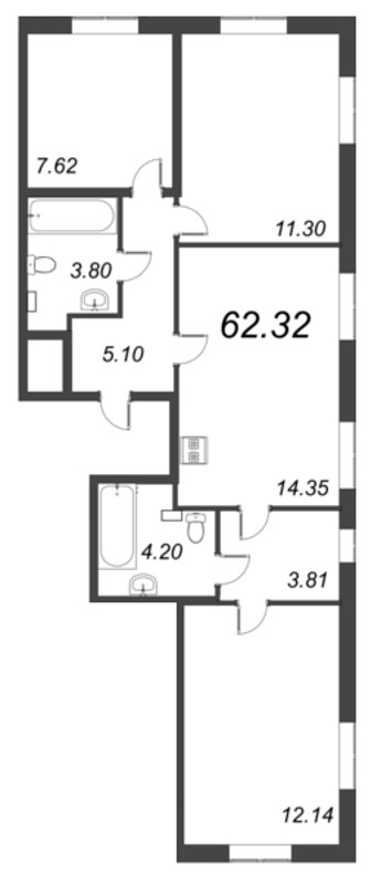 4-комнатная (Евро) квартира, 74 м² - планировка, фото №1