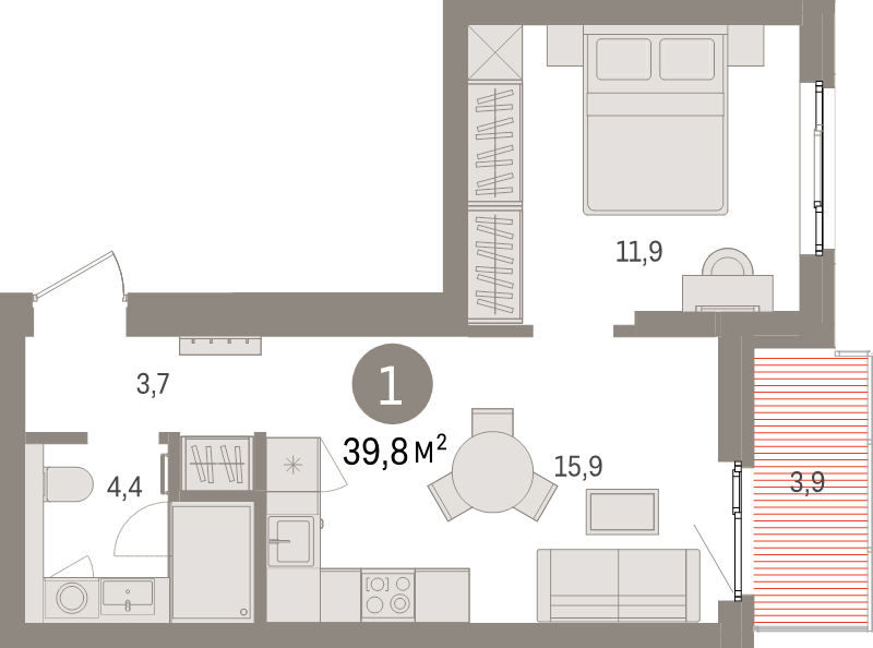 2-комнатная (Евро) квартира, 39.8 м² - планировка, фото №1