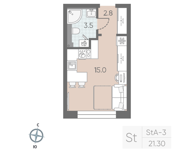 Квартира-студия, 21.3 м² в ЖК "Большая Охта" - планировка, фото №1
