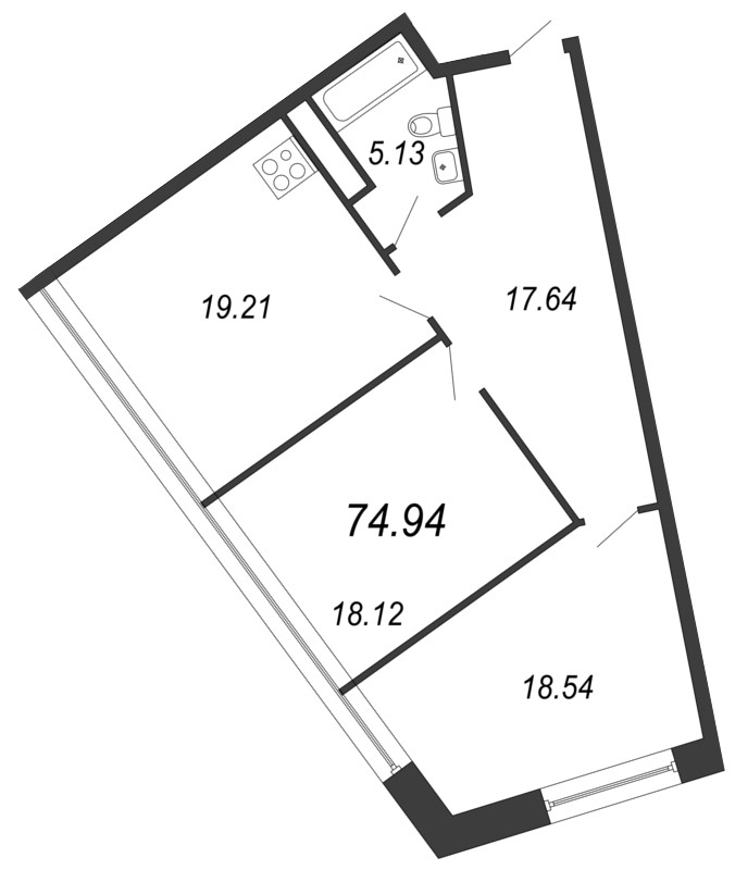2-комнатная квартира, 75.9 м² - планировка, фото №1