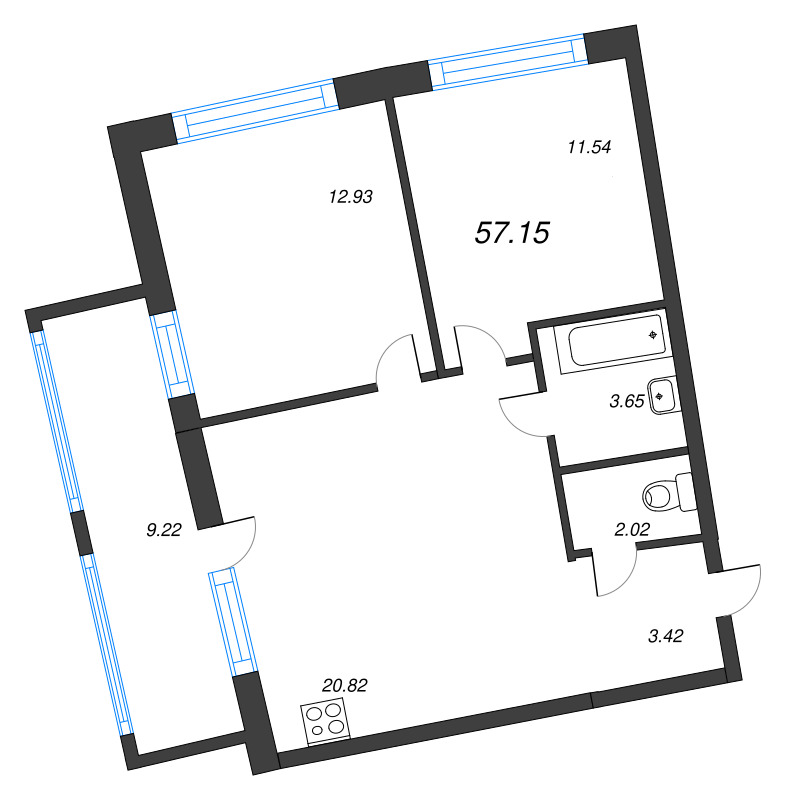 3-комнатная (Евро) квартира, 57.15 м² в ЖК "Аквилон Riva" - планировка, фото №1