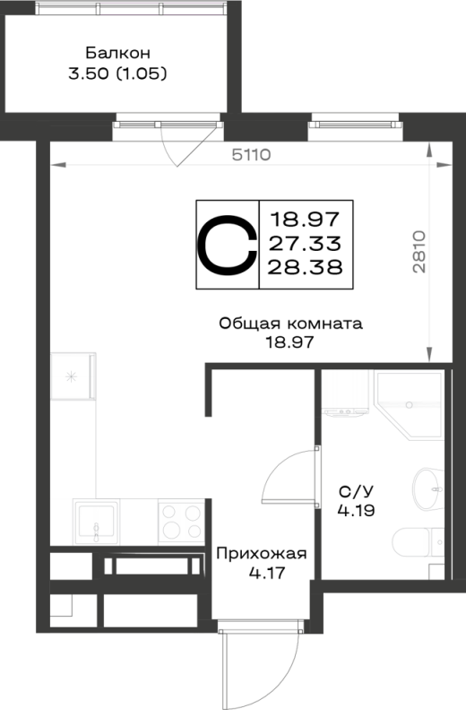 Квартира-студия, 28.38 м² в ЖК "Имена" - планировка, фото №1