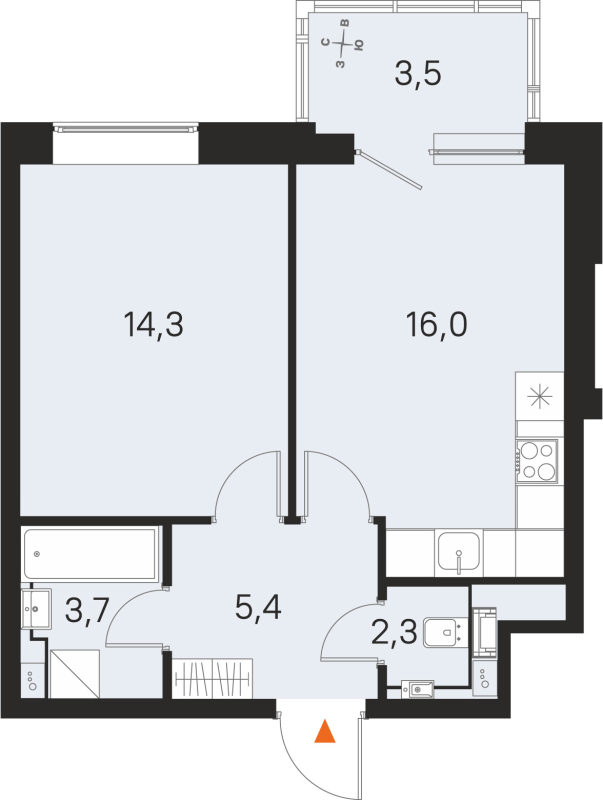 2-комнатная (Евро) квартира, 41.7 м² в ЖК "М36" - планировка, фото №1