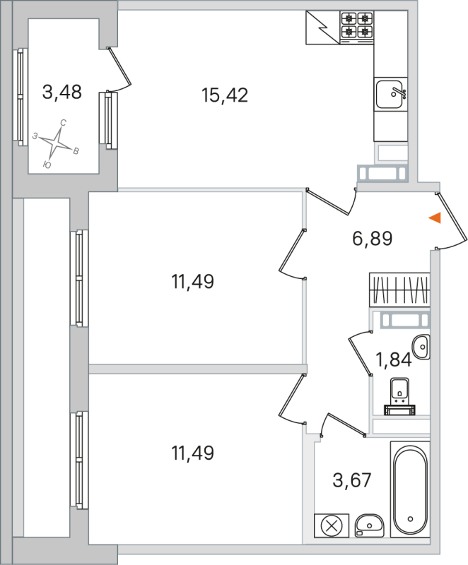 3-комнатная (Евро) квартира, 50.8 м² в ЖК "Дубровский" - планировка, фото №1