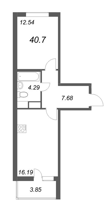 2-комнатная (Евро) квартира, 40.7 м² - планировка, фото №1