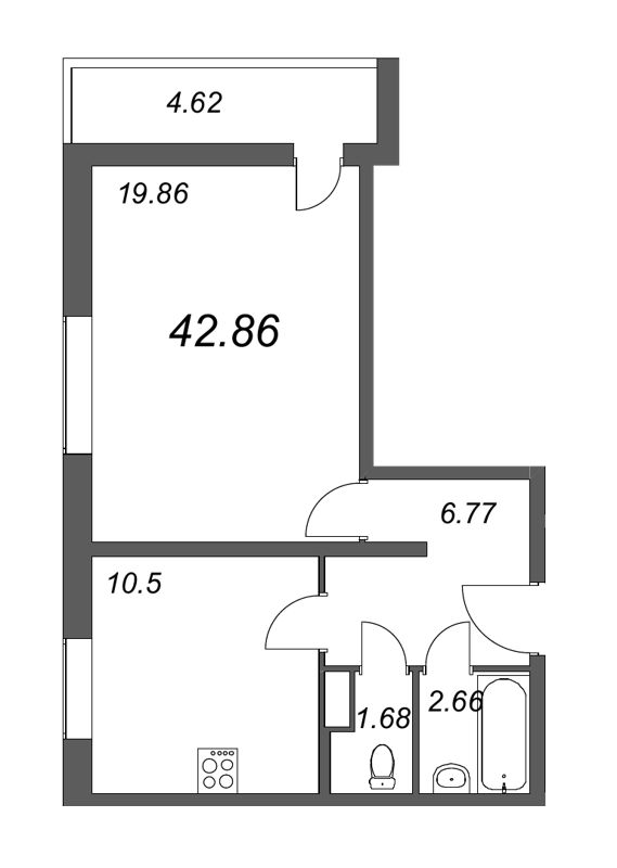 1-комнатная квартира, 42.86 м² в ЖК "Тандем" - планировка, фото №1