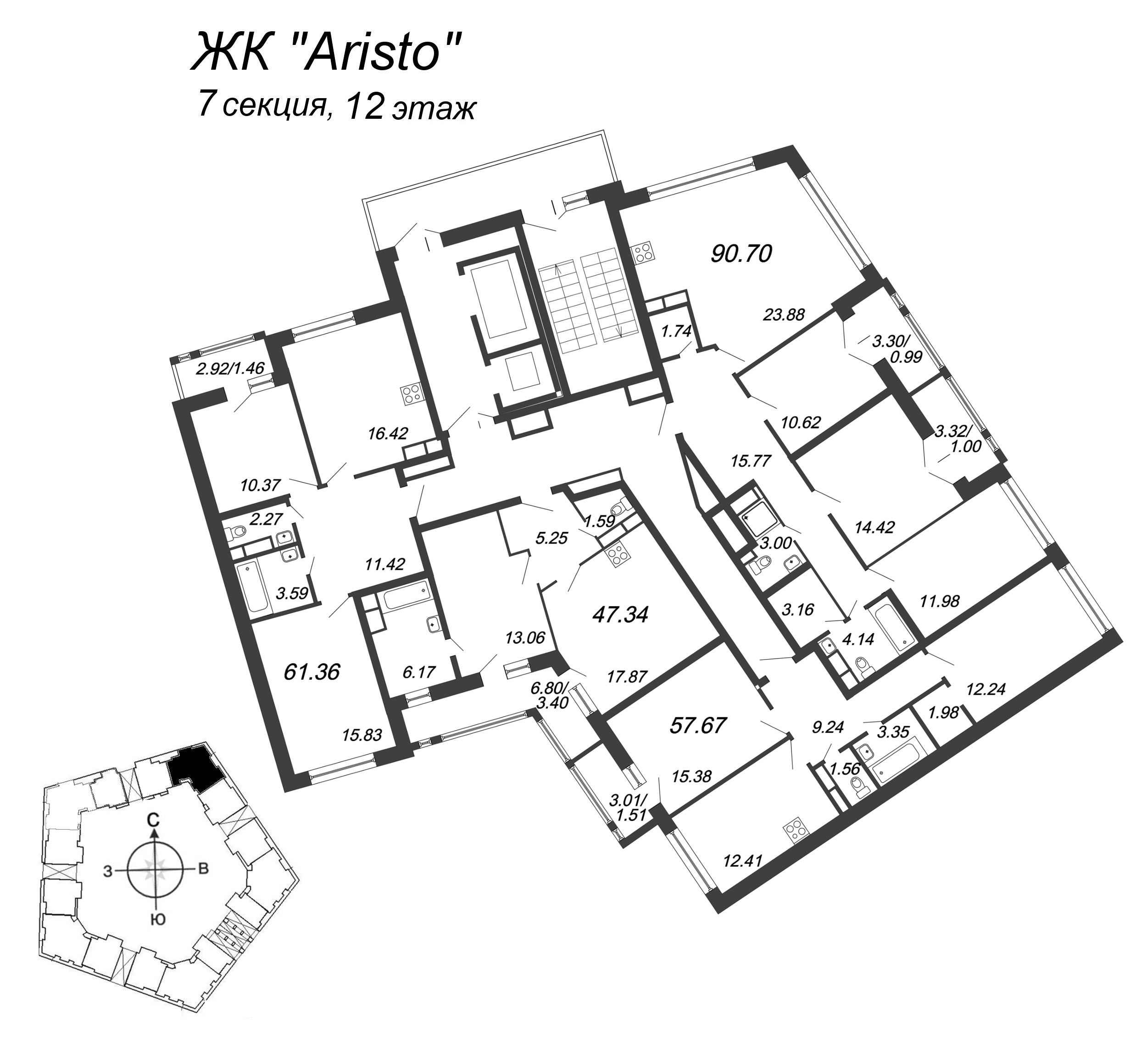 3-комнатная квартира, 90.7 м² в ЖК "Ariosto" - планировка этажа