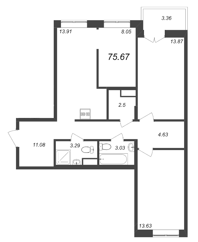 3-комнатная квартира, 75.67 м² в ЖК "ID Kudrovo" - планировка, фото №1