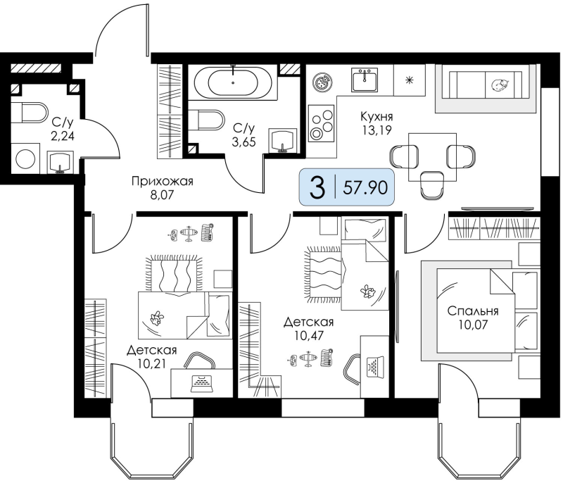 3-комнатная квартира, 57.9 м² в ЖК "Всевгород" - планировка, фото №1