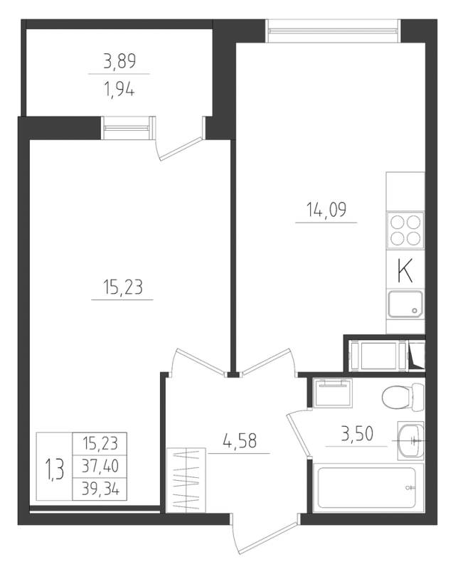 1-комнатная квартира, 39.34 м² - планировка, фото №1