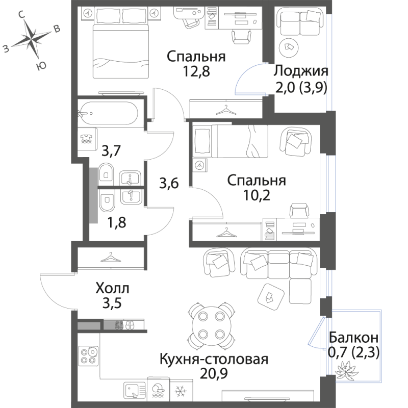 3-комнатная (Евро) квартира, 59.2 м² в ЖК "Экография" - планировка, фото №1