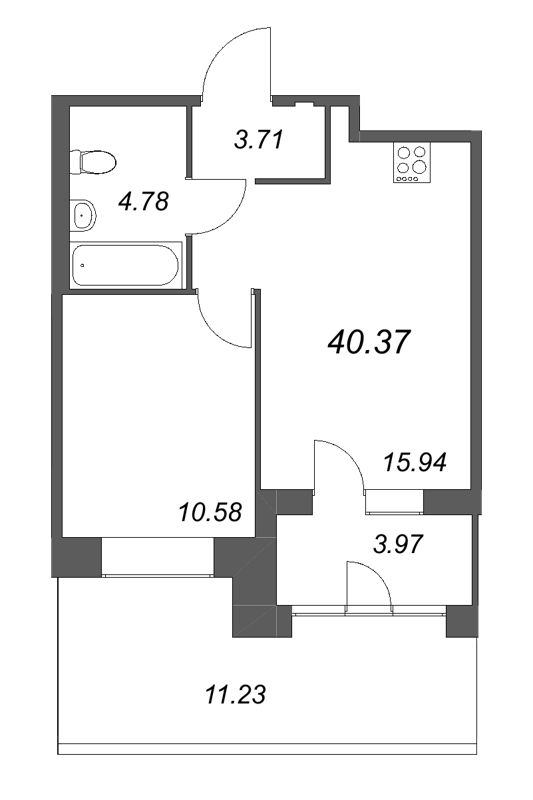 2-комнатная (Евро) квартира, 40.37 м² - планировка, фото №1