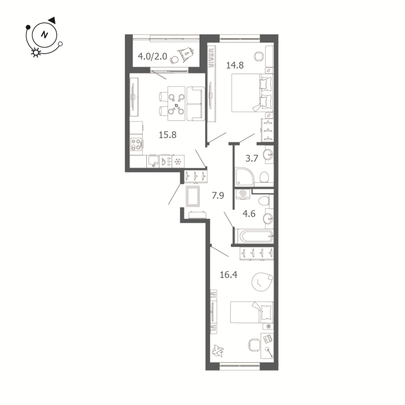 3-комнатная (Евро) квартира, 65.2 м² - планировка, фото №1