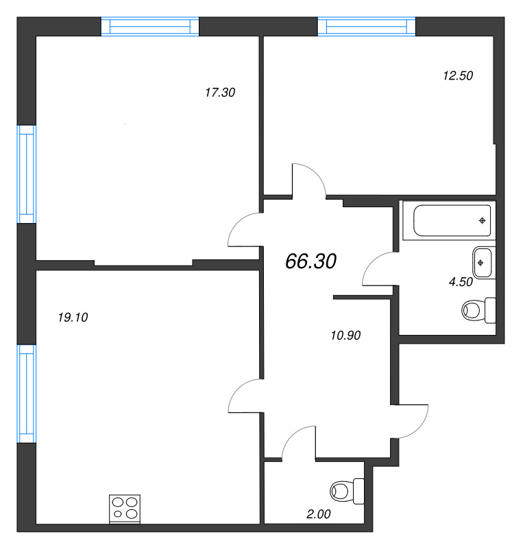 3-комнатная (Евро) квартира, 66.3 м² в ЖК "Ягодное Река Парк" - планировка, фото №1