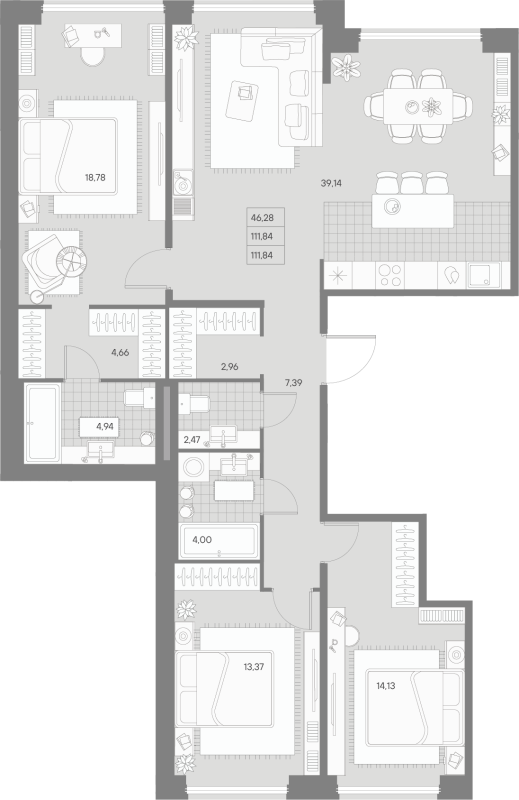 4-комнатная (Евро) квартира, 111.84 м² - планировка, фото №1