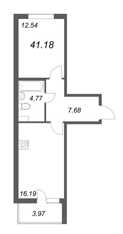 2-комнатная (Евро) квартира, 41.18 м² - планировка, фото №1