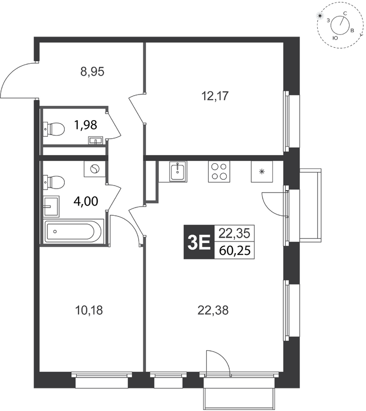 3-комнатная квартира, 60.25 м² в ЖК "Слобода" - планировка, фото №1