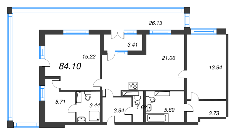 3-комнатная (Евро) квартира, 84.1 м² в ЖК "БелАрт" - планировка, фото №1