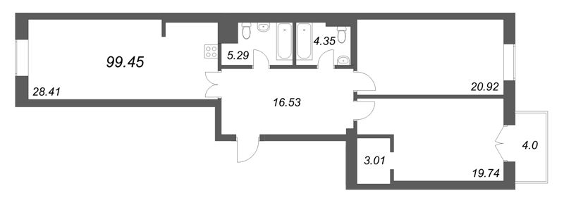 3-комнатная (Евро) квартира, 99.45 м² в ЖК "Фонтанка 130" - планировка, фото №1