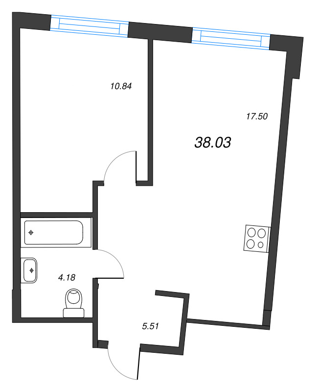 2-комнатная (Евро) квартира, 38.03 м² в ЖК "Legenda Васильевского" - планировка, фото №1