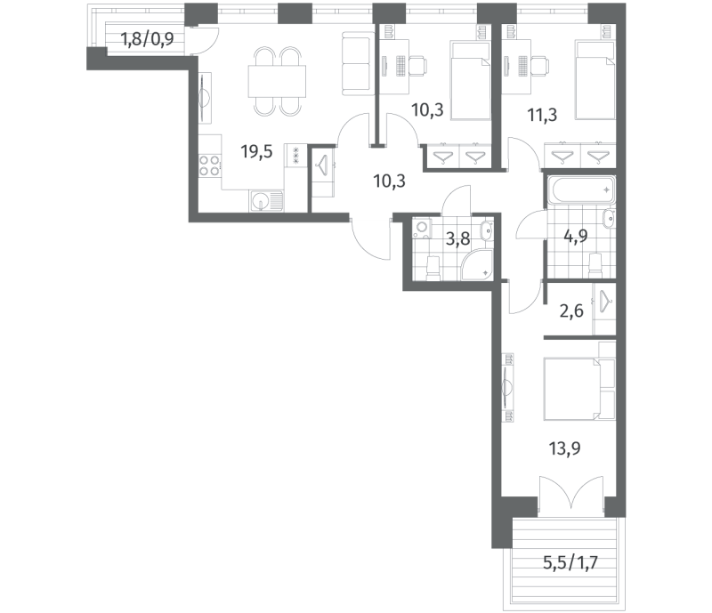 4-комнатная (Евро) квартира, 79.1 м² в ЖК "Новый Питер" - планировка, фото №1