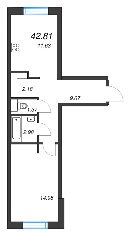 1-комнатная квартира, 42.81 м² - планировка, фото №1