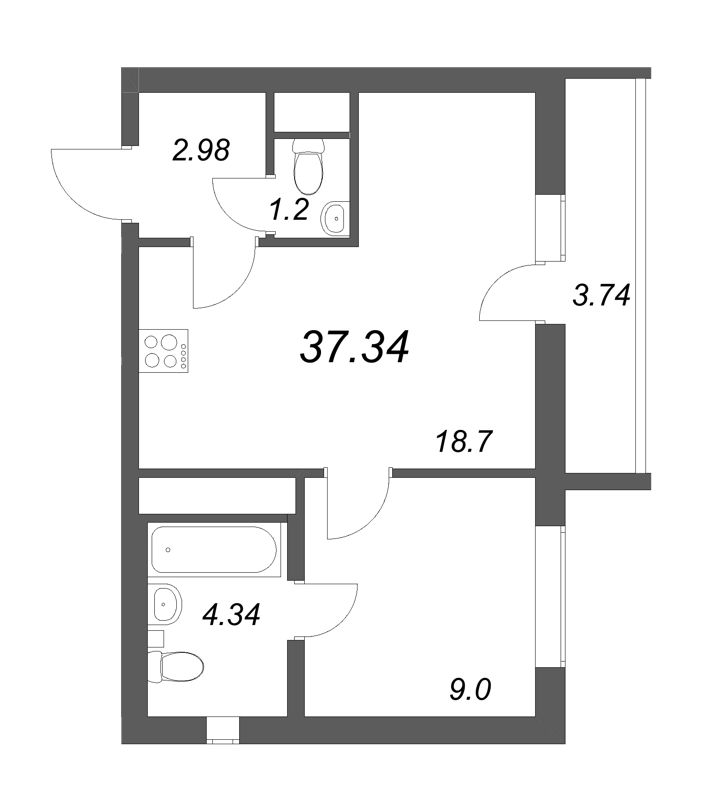 2-комнатная (Евро) квартира, 37.34 м² в ЖК "Южный форт" - планировка, фото №1